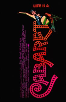 Liza Minelli sits on top of bright title lettering on a black background, "Life is a Cabaret"